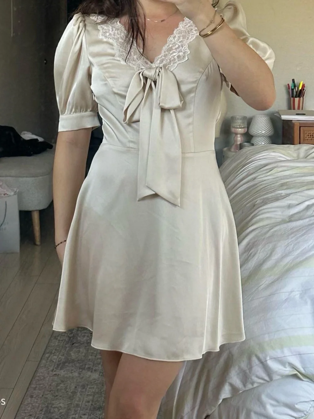 Reformation Avin Lace Silky Satin Ribbon Bow Short Puff Sleeve Mini Dress Cream - Picture 7 of 7